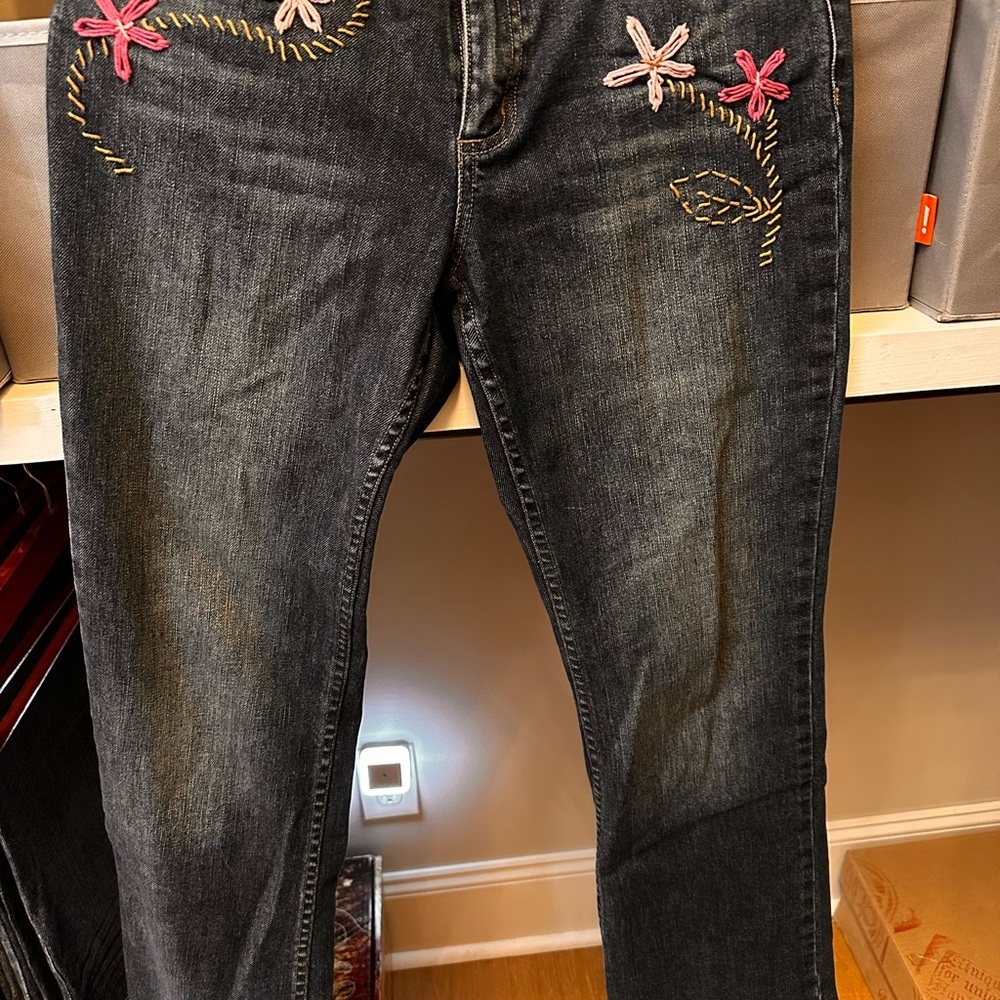 J. Jill Black Straight Leg Jeans with Floral Embroidery